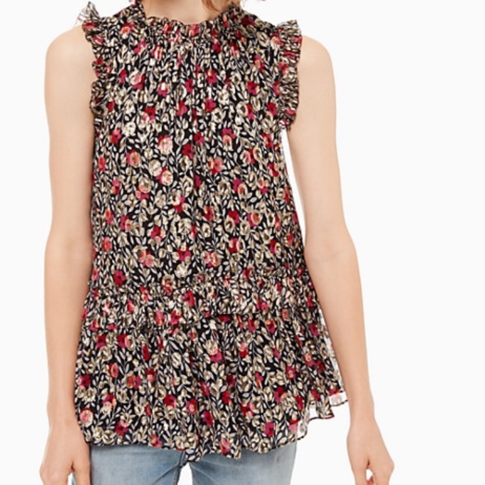 kate spade Beautiful Black Floral Sleeveless Ruffled Blouse